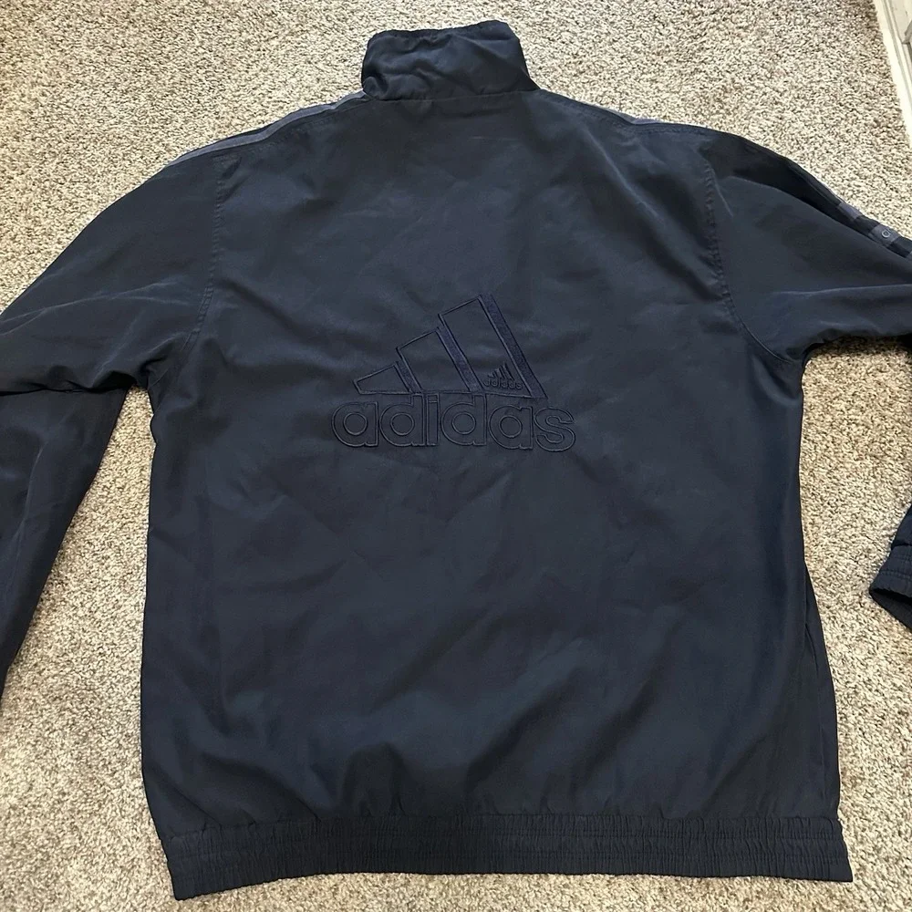Vintage Adidas Mens Overcoat Track Jacket XL Dark Blue Preowned 90s Embroidered